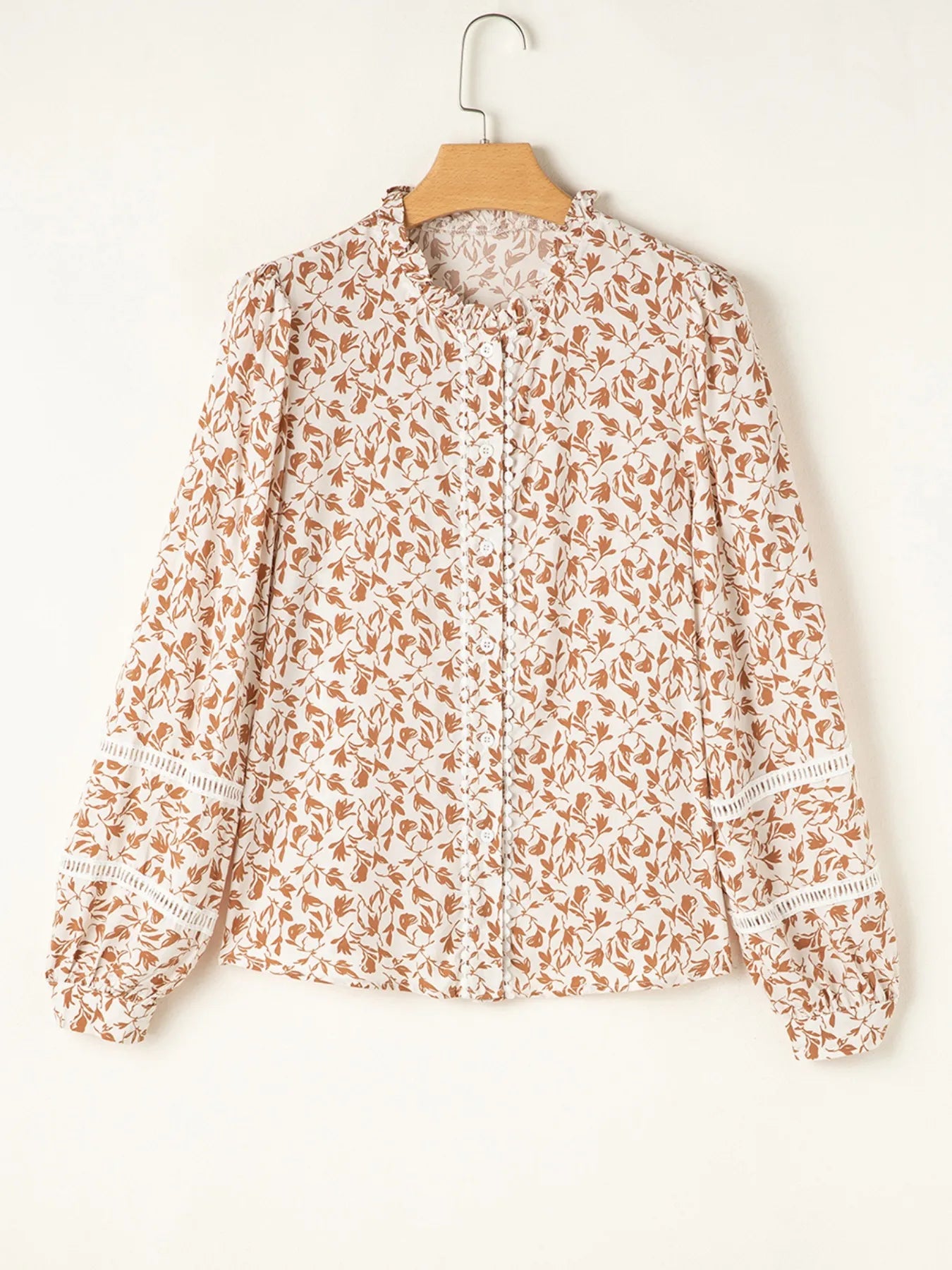 Sarah Express Women's Floral Button Down Long Sleeve Shirt - Ruffled Viscose Blouse