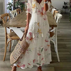 Sarah Express Women's Floral Print V-Neck Maxi Dress Short Sleeve A-Line Pullover