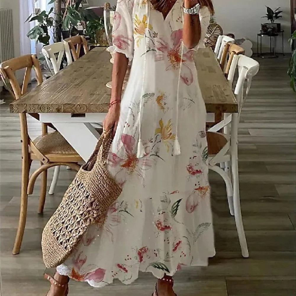 Sarah Express Women's Floral Print V-Neck Maxi Dress Short Sleeve A-Line Pullover