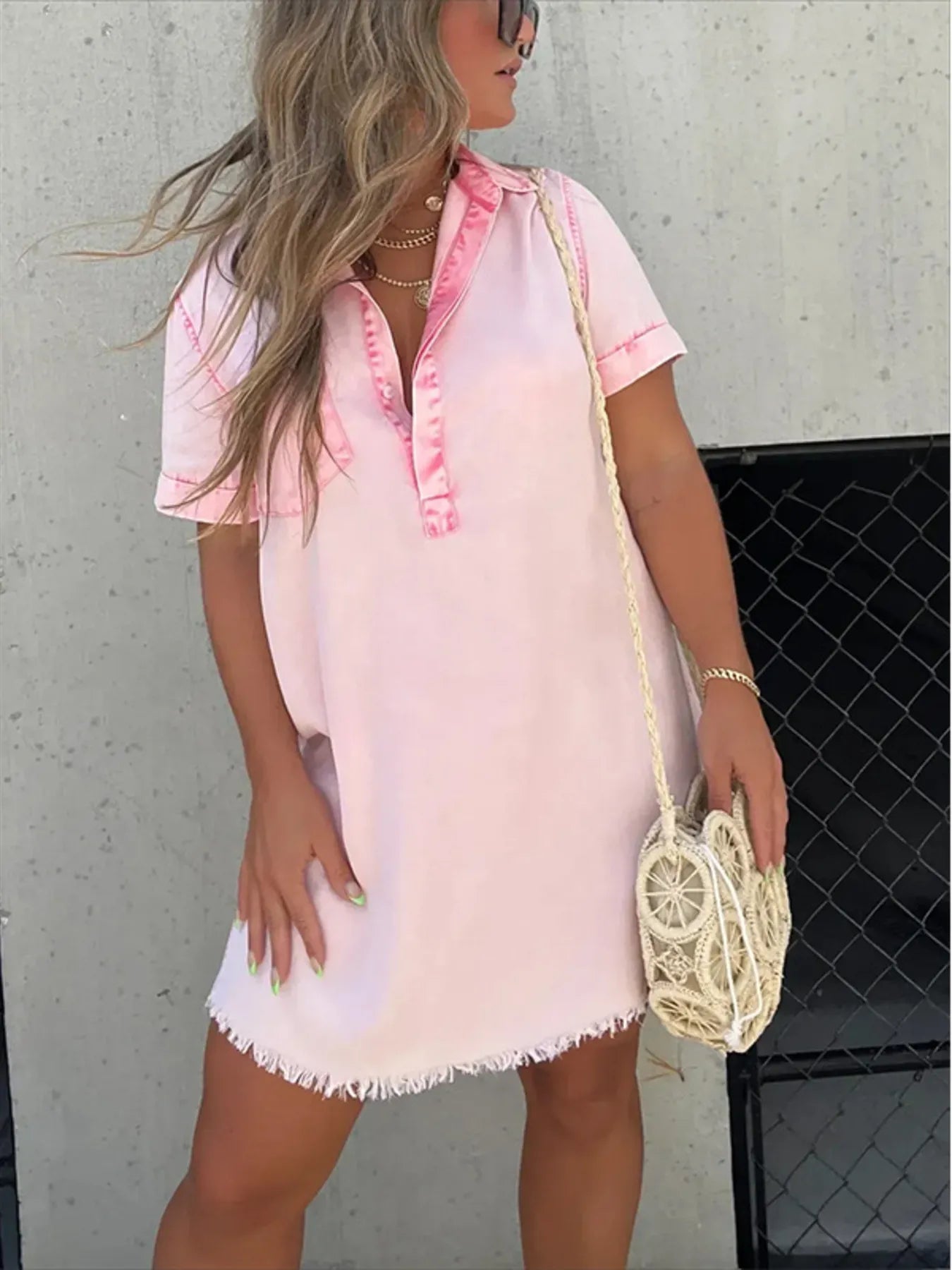 Sarah Express Women's Raw Hem Short Sleeve Denim Dress Plus Size