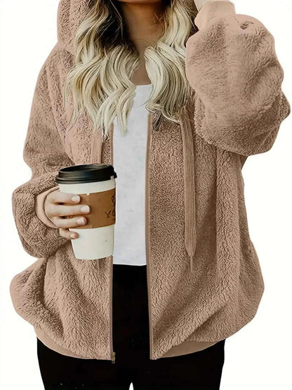 Sarah Express Women's Fleece Zip-Up Jacket - Drawstring Hooded Outerwear Khaki