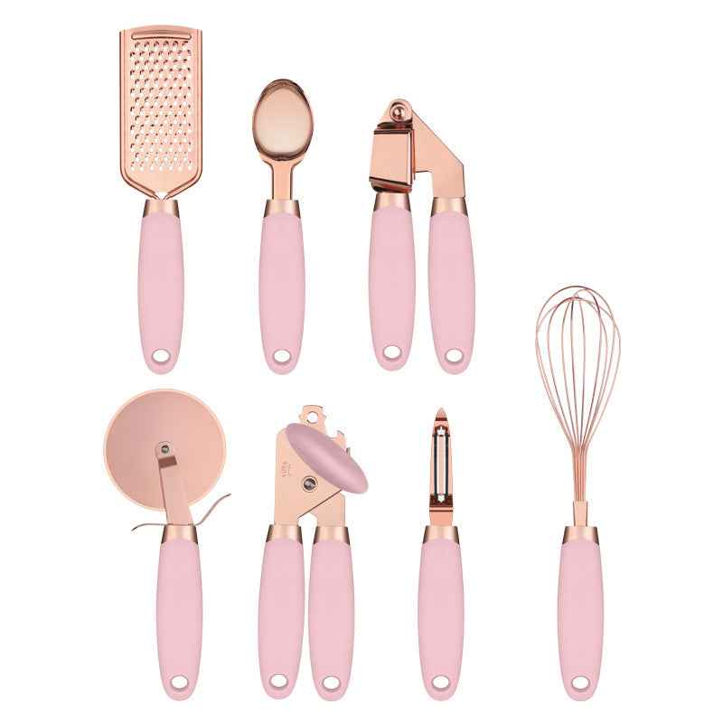 Sarah Express Rose Gold Kitchen Peeler & Utensil Set - 7 Piece Stainless Steel Cookware Tools Pink