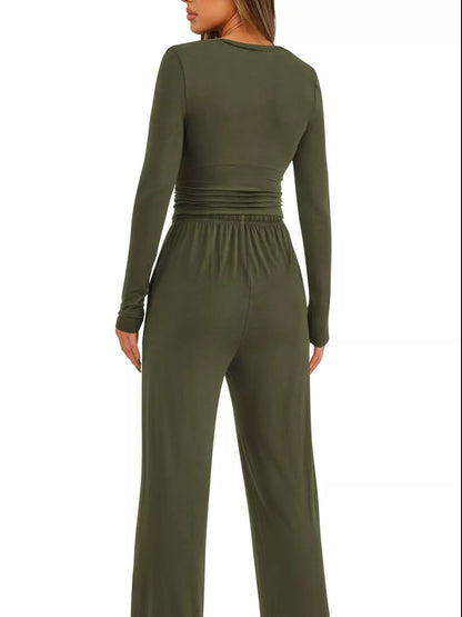 Sarah Express Women's Round Neck Long Sleeve Top and Pants Set