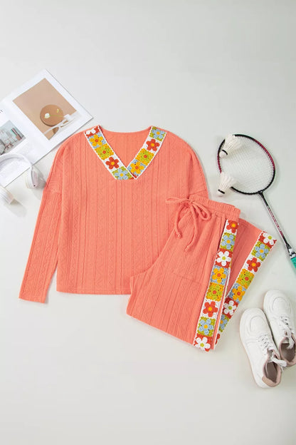 Sarah Express Women's Crochet Floral V-Neck Textured Top and Pants Two-Piece Set