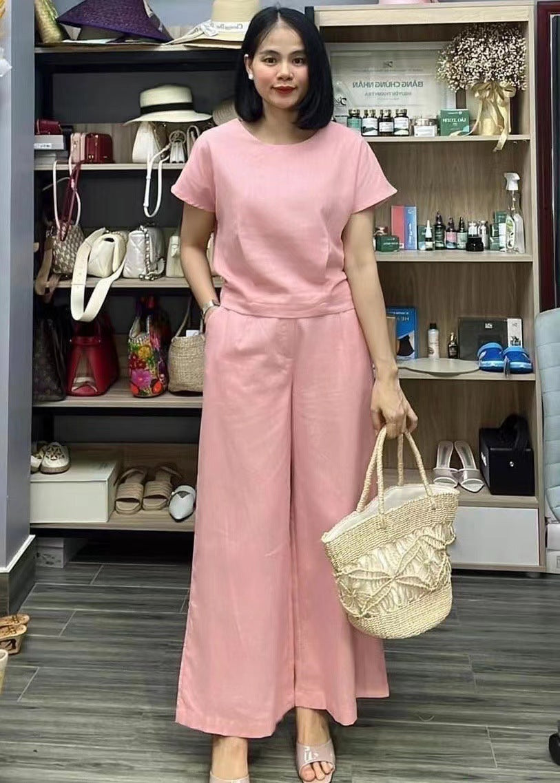 Sarah Express Cotton Linen Two-Piece Set Casual Loose Top Pants Outfit