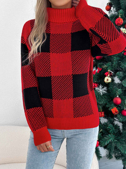 Sarah Express Women's Color Block Plaid Turtleneck Sweater - Lantern Sleeve Pullover Red