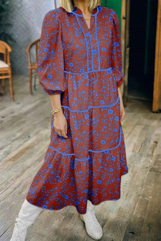 Sarah Express Women's Floral Tiered Dress with Puff Sleeves - 3/4 Sleeve Loose Fit Floral