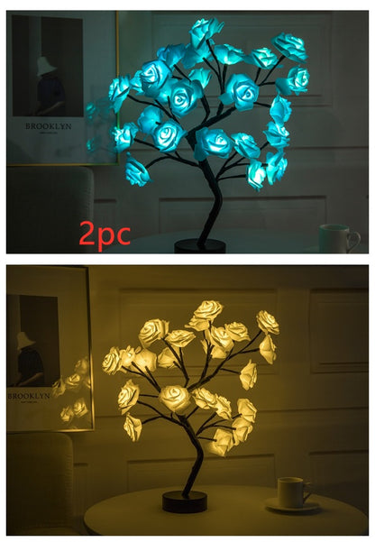 Sarah Express Rose Flower LED Table Lamp - USB Battery Operated Bonsai Tree Night Light for Bedroom Home Decor Set3