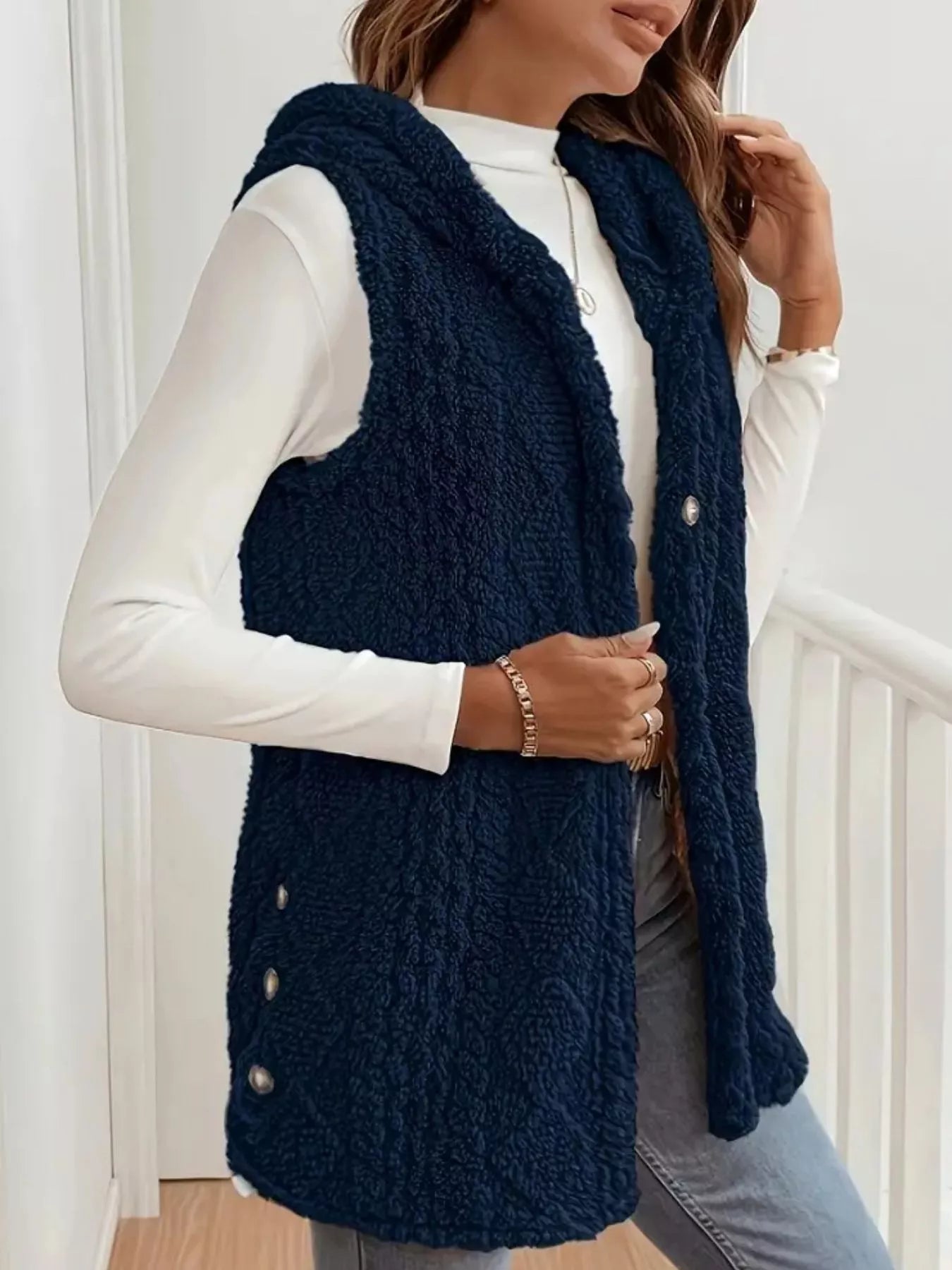 Sarah Express Women's Hooded Button-Up Sherpa Vest Coat