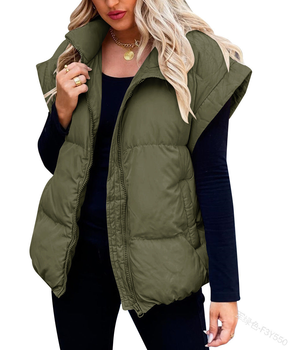 Sarah Express Cotton Padded Puffer Vest Stand Collar Zipper Pockets Sleeveless