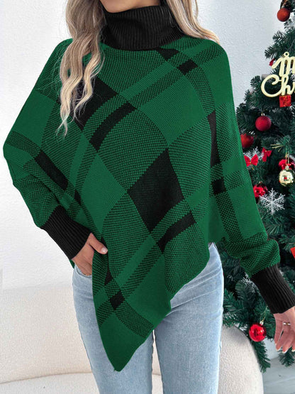 Sarah Express Women's Color Block Plaid Turtleneck Poncho Sweater - Oversized Knit Pullover