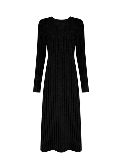 Sarah Express Women's Ribbed Knit V-Neck Maxi Dress - Button Front Long Dress