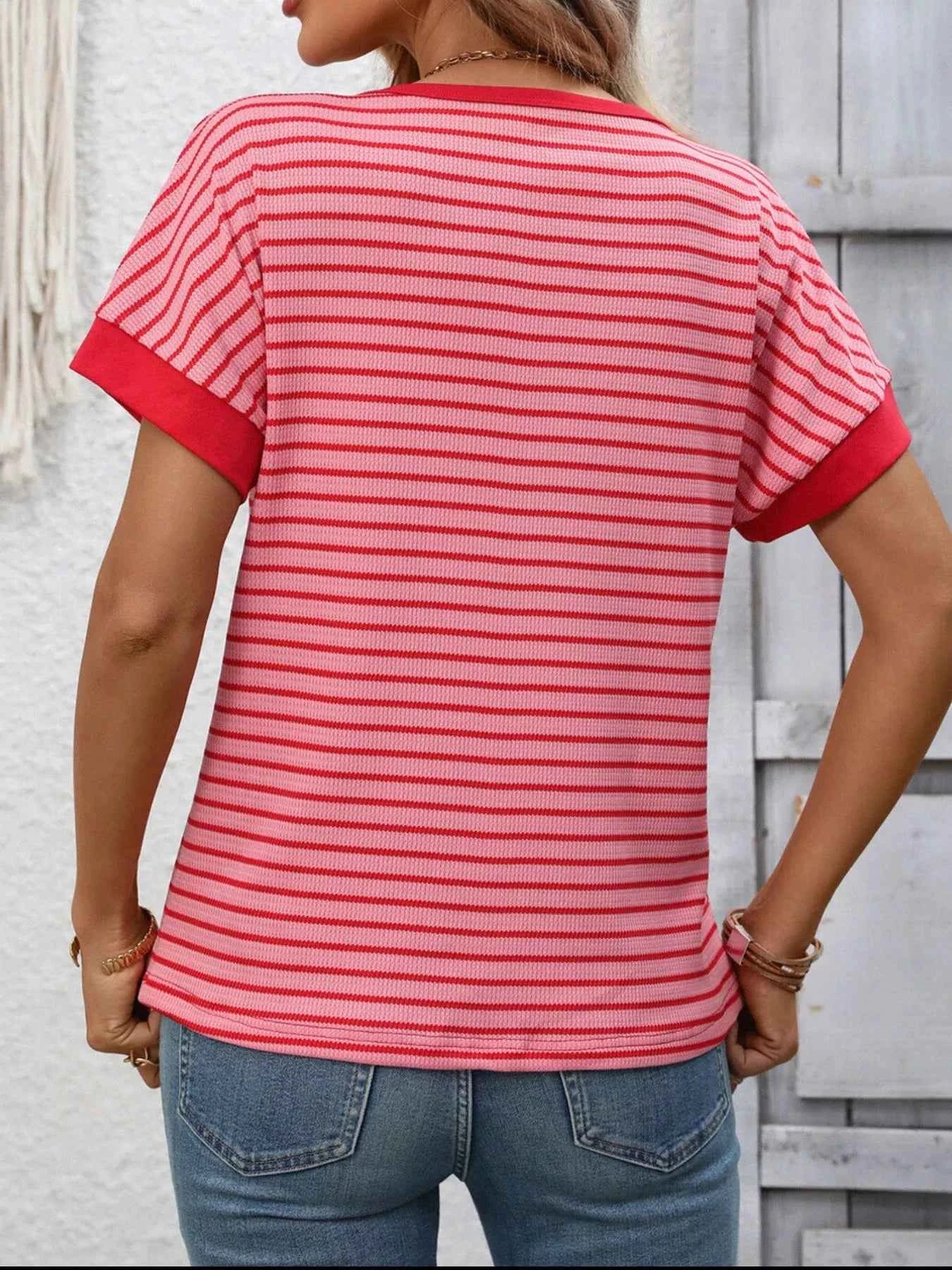 Sarah Express Women's Striped Ribbed Knit Short Sleeve T-Shirt