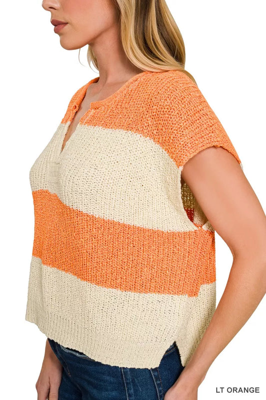 Sarah Express Women's Split Neck Sleeveless Stripe Sweater - Casual Knitwear Top