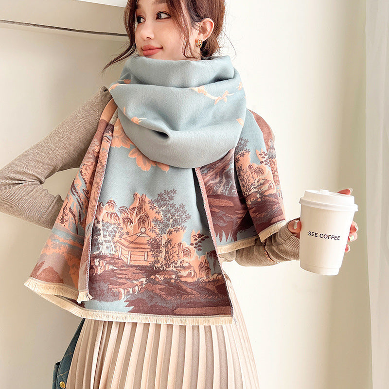 Sarah Express Vintage Plum Scarf Women's Imitation Cashmere Thickened Winter Shawl Wrap