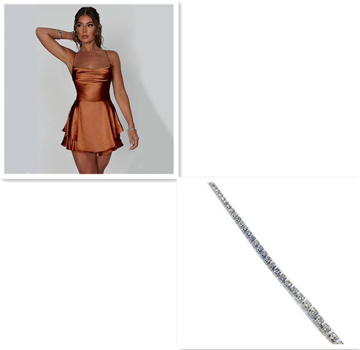 Backless Lace-Up Suspender Strap Satin A-Line Short Dress Women's Party