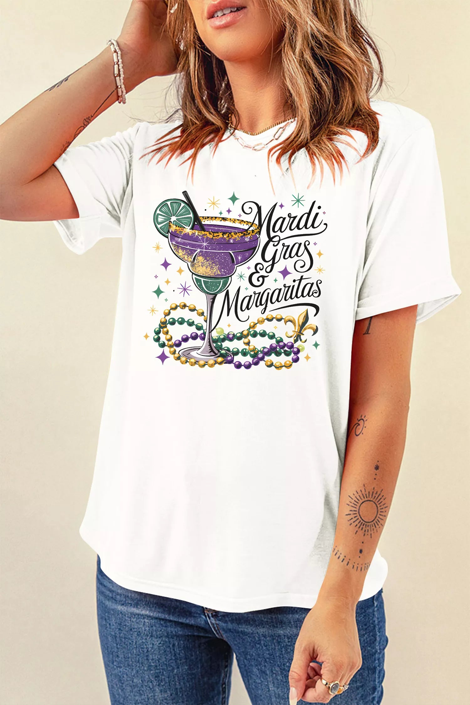 Sarah Express Women's Mardi Gras Margaritas Cheerful Graphic Tee White L