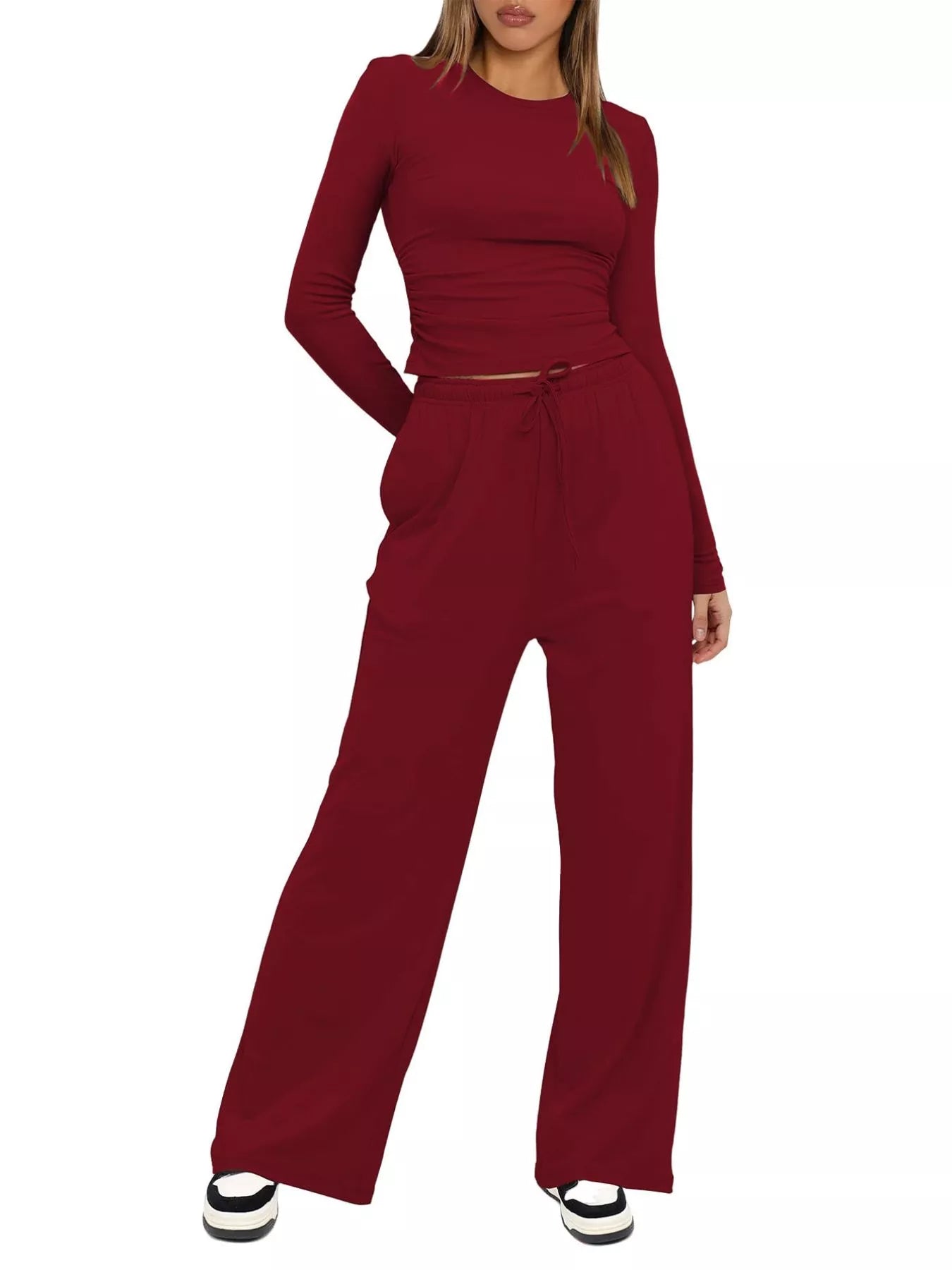 Sarah Express Women's Round Neck Long Sleeve Top and Pants Set Burgundy