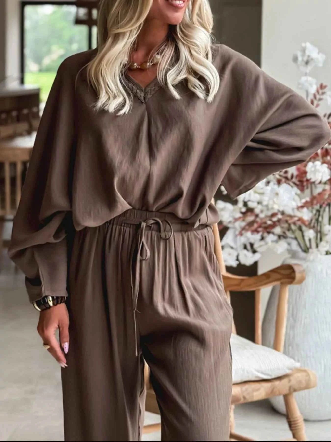 Sarah Express Women's Braided V-Neck Long Sleeve Top and Drawstring High Waist Pants Set