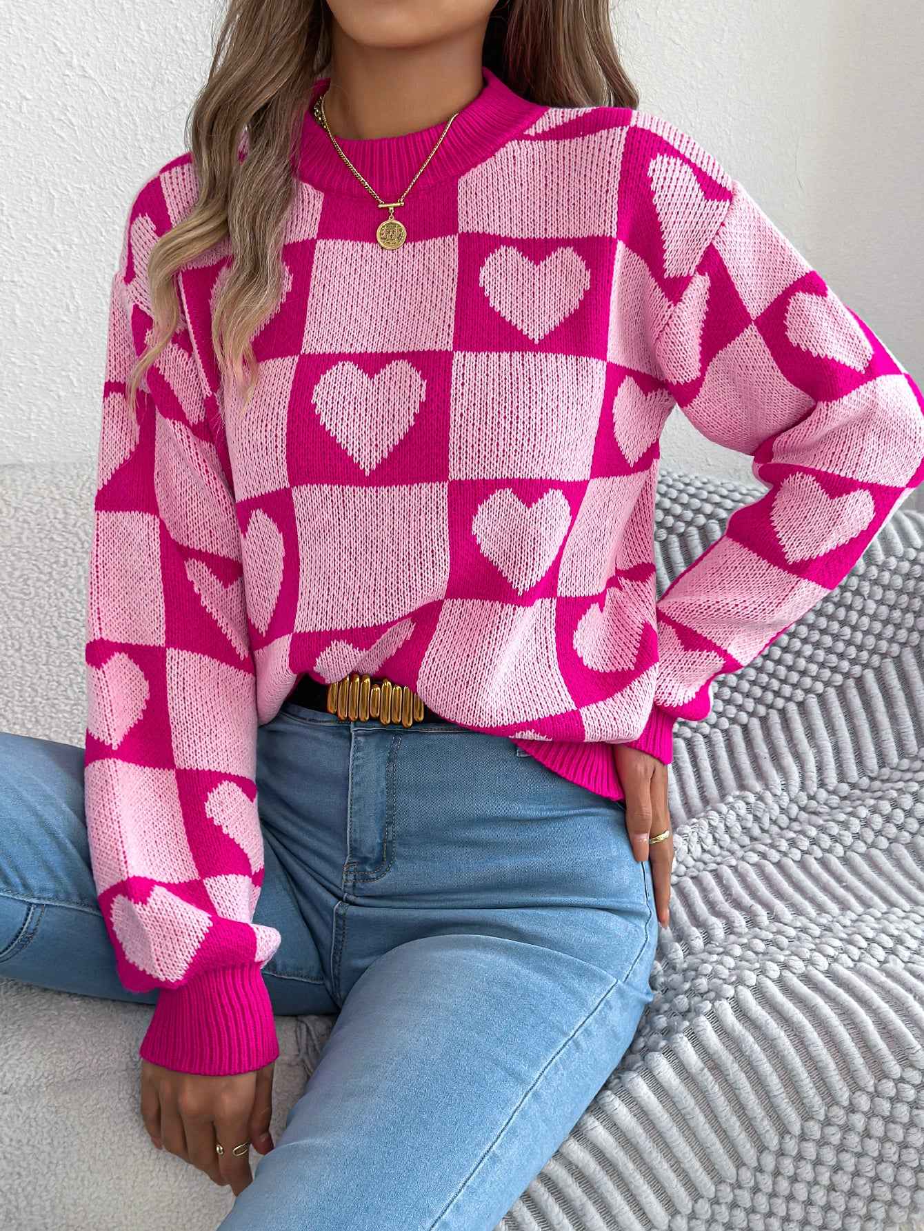 Sarah Express Women's Color-Blocked Plaid Heart Lantern Sleeve Pullover Sweater