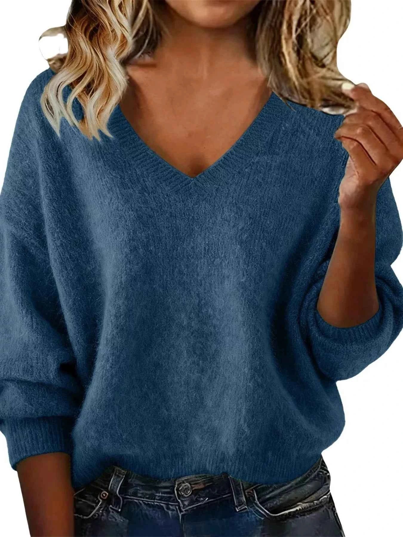 Sarah Express Women's V-Neck Dropped Shoulder Sweater - Plus Size Navy