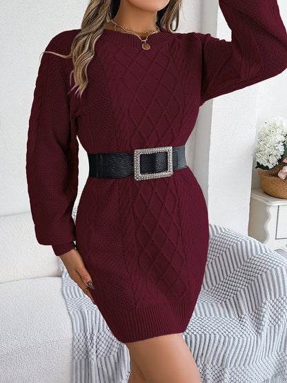 Sarah Express Women's Cable Knit Sweater Dress with Cinched Waist & Lantern Sleeves