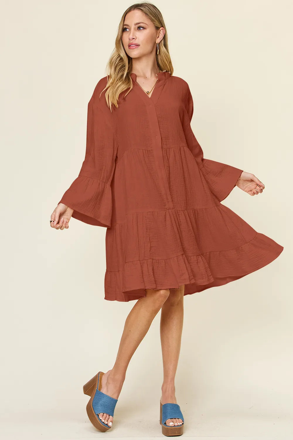 Sarah Express Women's Textured Button Up Ruffle Hem Dress