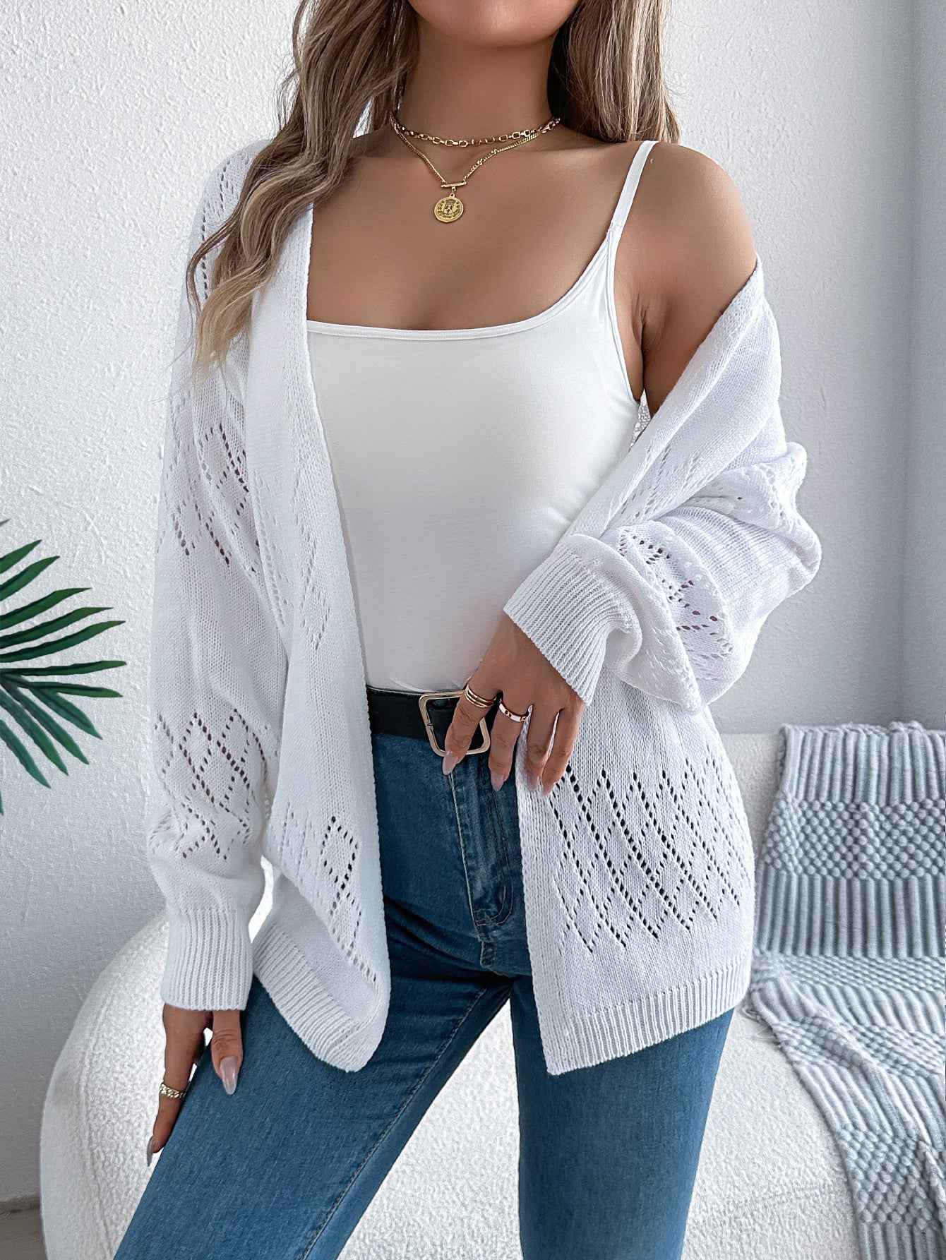 Sarah Express Women's Hollow Out Lantern Sleeve Cardigan Sweater - Mid-Length Knit White