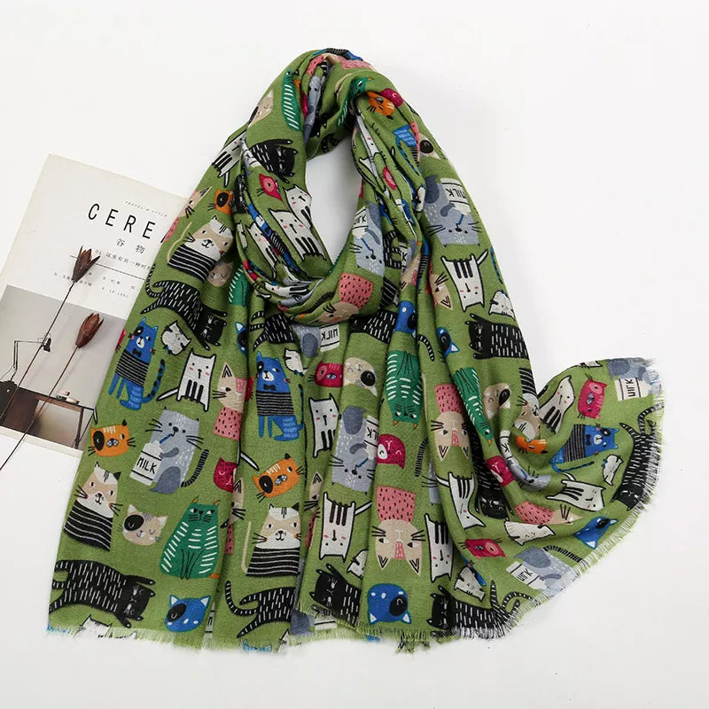 Sarah Express Women's Cat Print Lightweight Scarf Matcha Green One Size