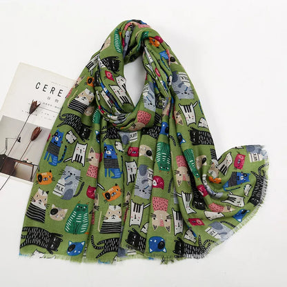 Sarah Express Women's Cat Print Lightweight Scarf Matcha Green One Size