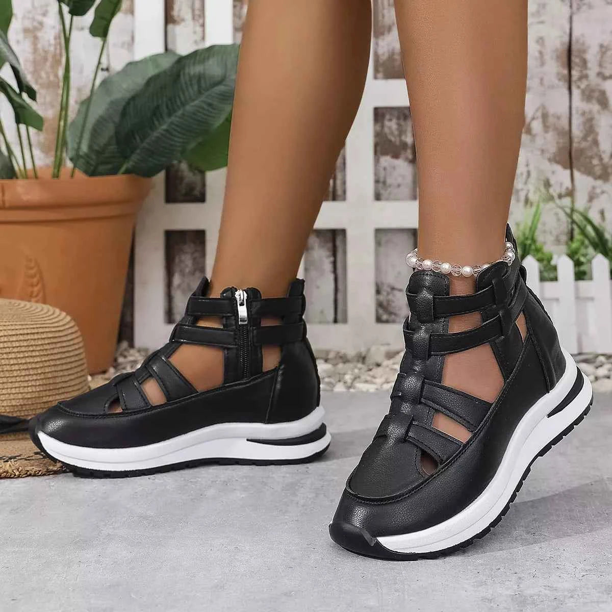 Sarah Express Women's Cutout Platform Sneakers - Trendy Low Heel PU Leather Shoes