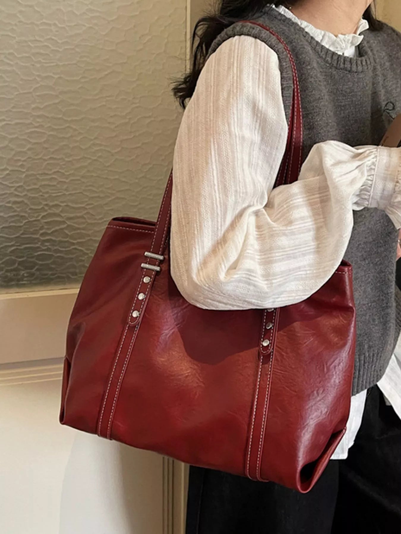 Sarah Express Women's Vintage Large Capacity PU Leather Tote Bag - Classic Shoulder Handbag