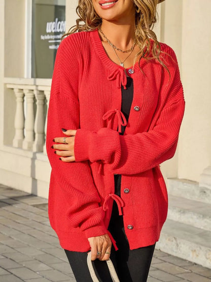 Sarah Express Women's Ribbed Knit Bow-Tie Cardigan - Premium Button-Up Sweater