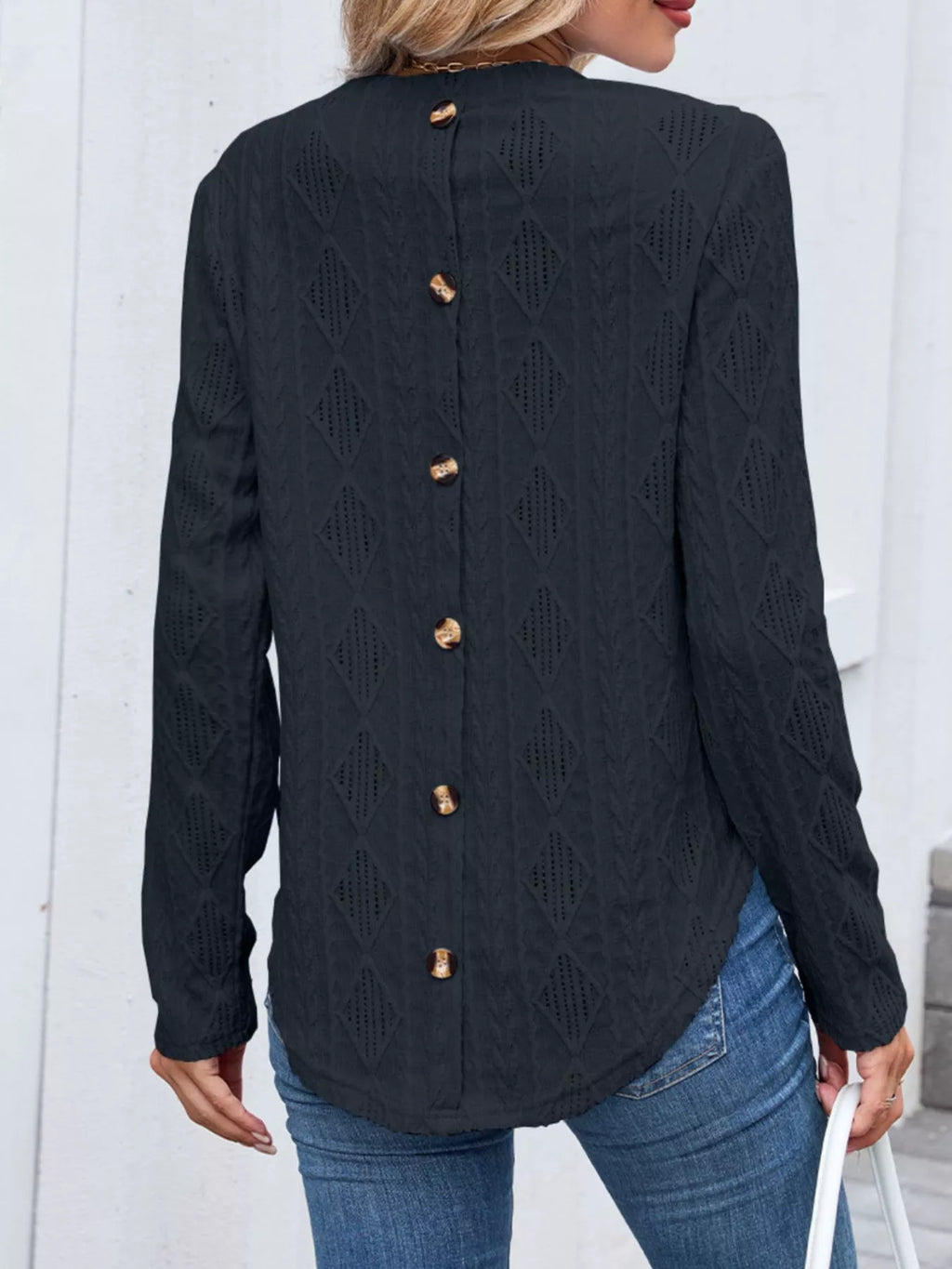 Sarah Express Women's Openwork Textured Long Sleeve Top