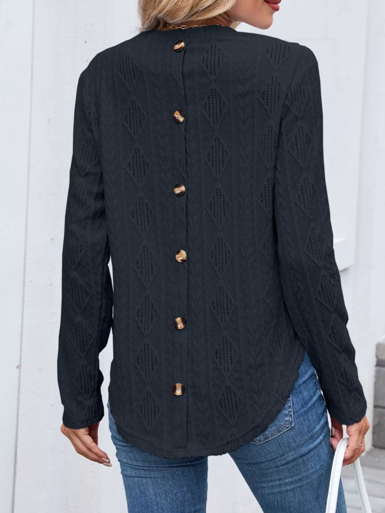 Sarah Express Women's Openwork Textured Long Sleeve Top