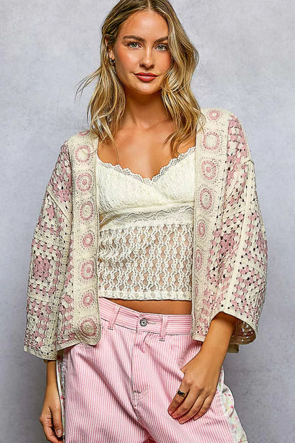 Sarah Express Women's Open Front Crochet Cardigan with Granny Square Pattern