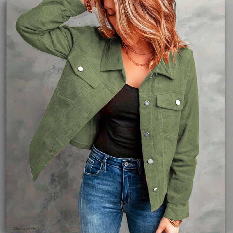Sarah Express Women's Corduroy Button-Up Jacket Lightweight Fall Spring Outerwear Flap Pockets