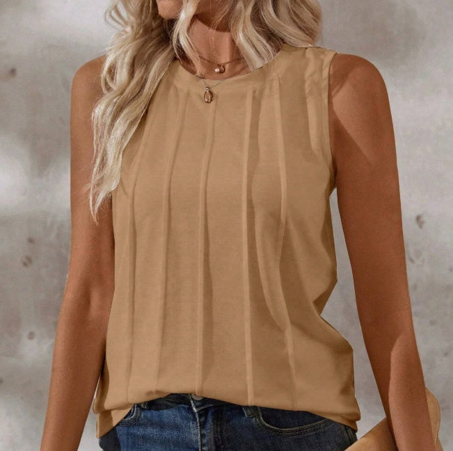 Sarah Express Round Neck Pleated Tank Top Sleeveless Loose Fit Button Detail