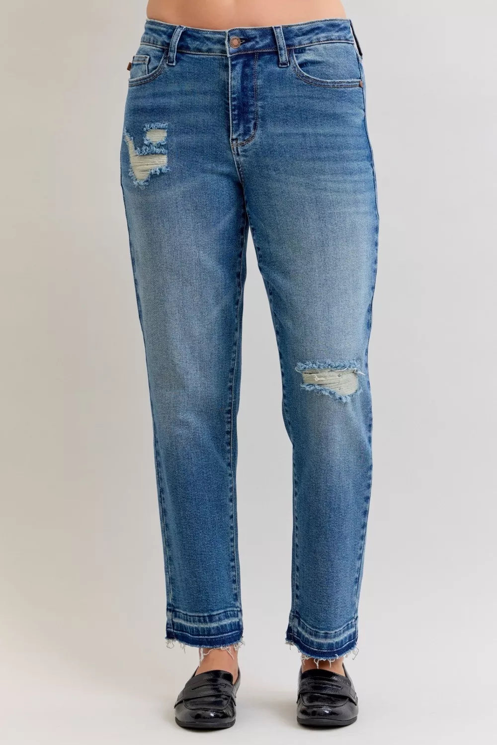 Sarah Express Women’s Plus Size Distressed Boyfriend Jeans with Patch & Repair
