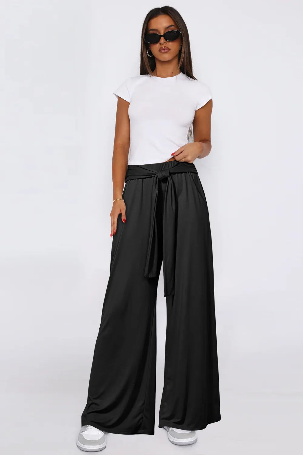 Sarah Express Women's Tied Pocketed Wide Leg Pants Black