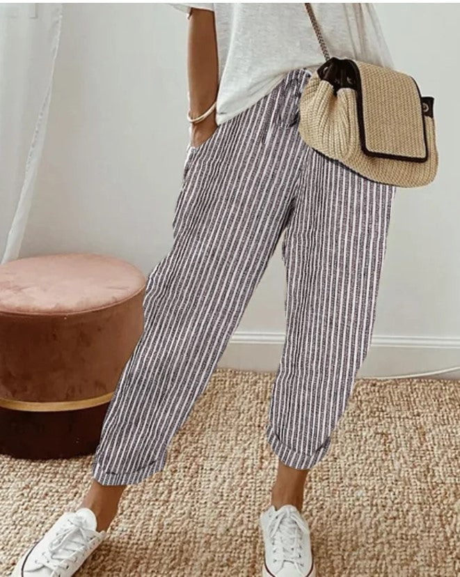 Women's Summer Striped Casual Pants - Loose Fit Elastic Waist Trousers