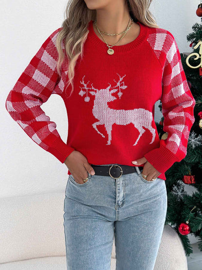 Sarah Express Women's Plaid Deer Pullover Sweater - Festive Christmas Knitwear Red