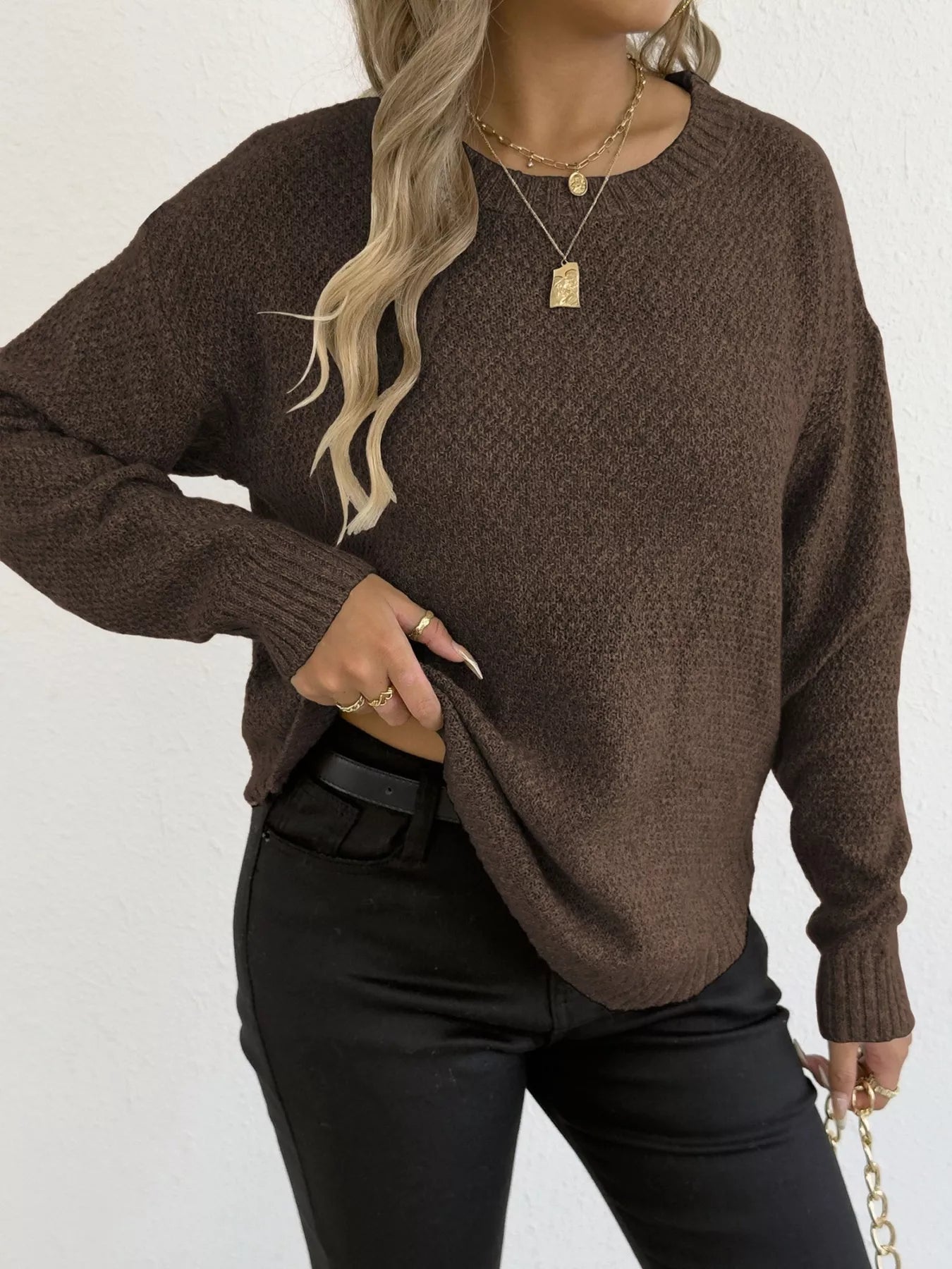 Sarah Express Women's Textured Knit Relaxed Fit Round Neck Sweater Brown