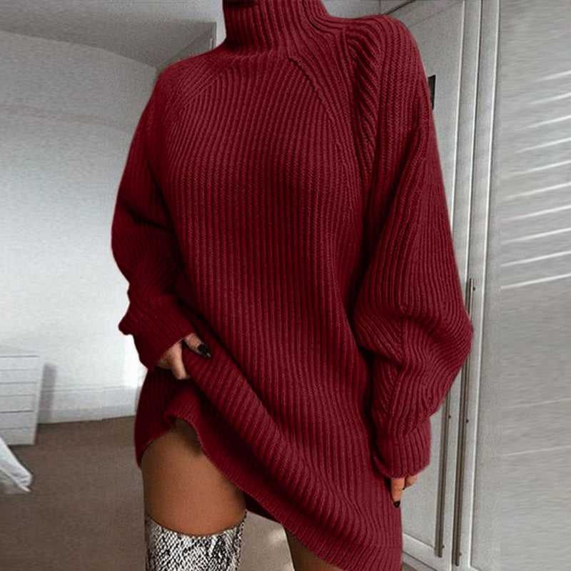 Women's Turtleneck Sweater Dress Long Sleeve Knit Winter Warm Midi Length