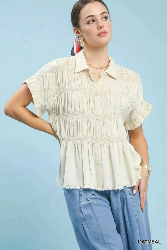 Umgee Washed Linen Blend Smocked Shirt