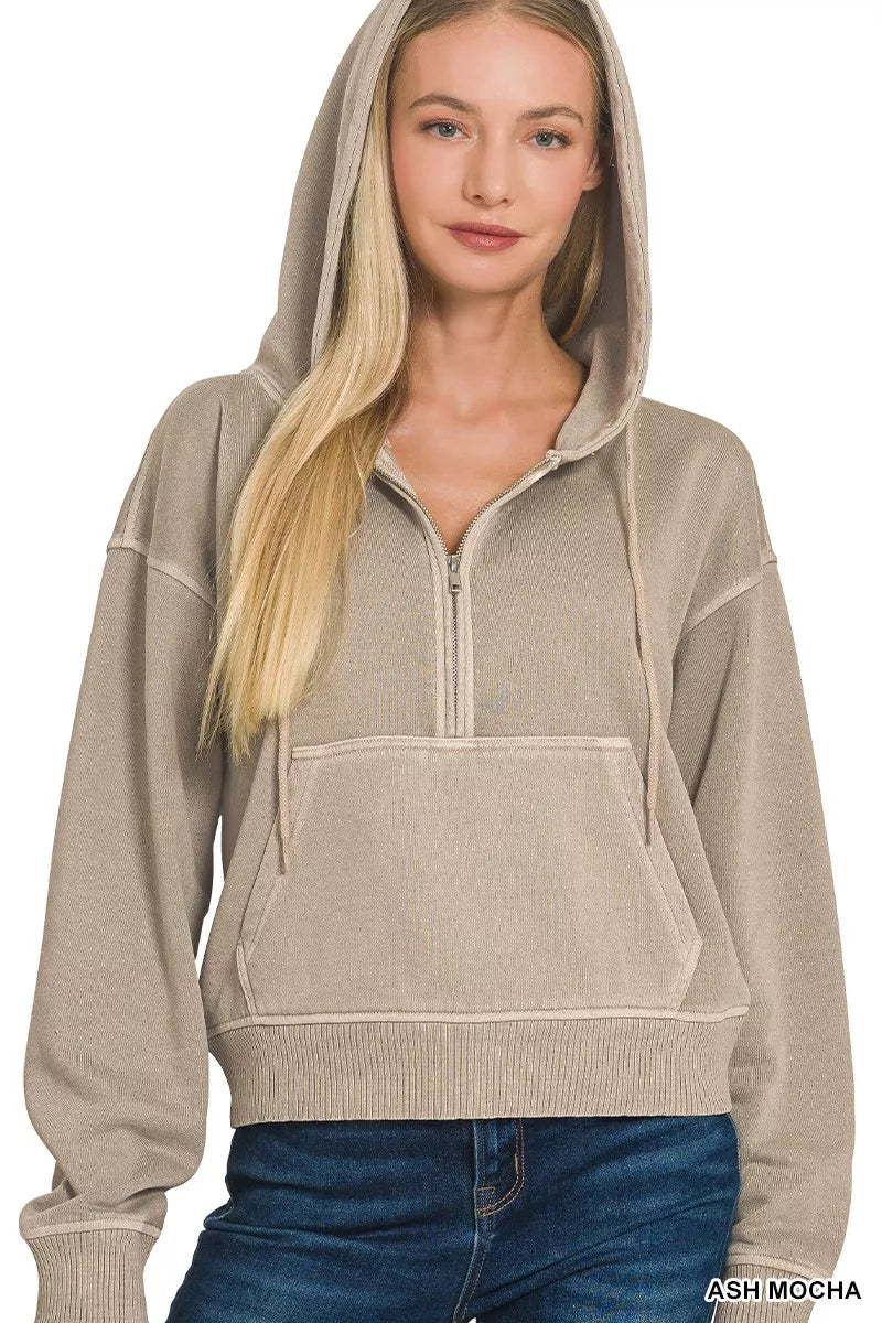 Sarah Express Women's Fleece Pigment Dye Half Zip Kangaroo Pocket Hoodie ASH MOCHA