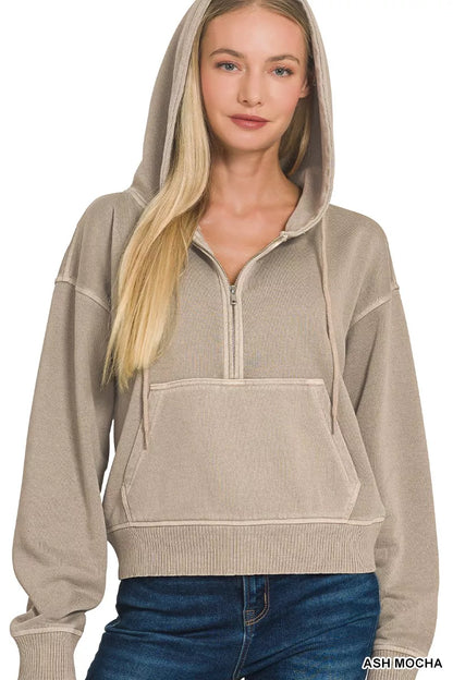 Sarah Express Women's Fleece Pigment Dye Half Zip Kangaroo Pocket Hoodie ASH MOCHA