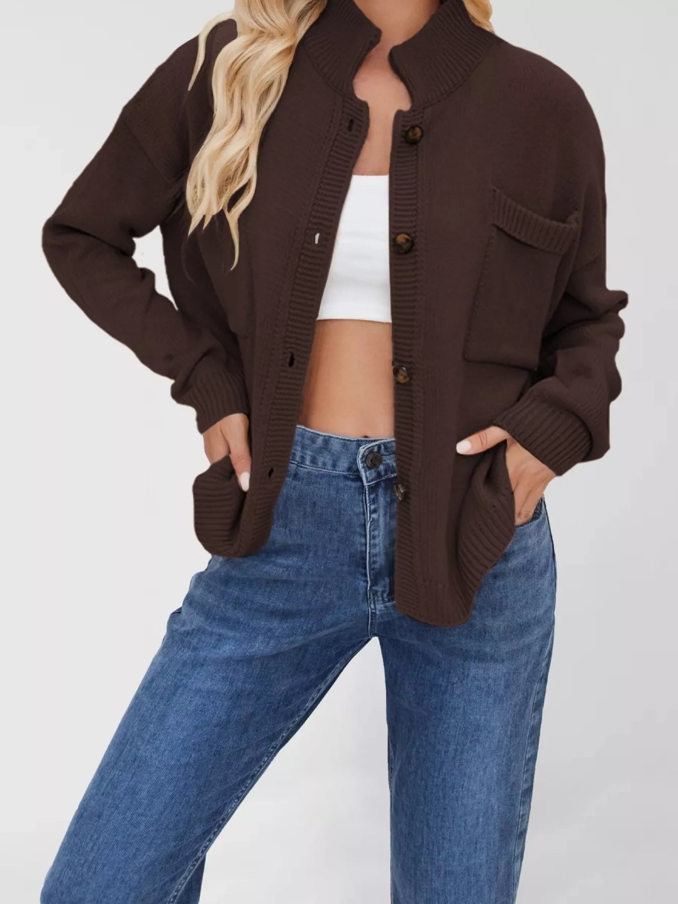 Sarah Express Women's Casual Knit Button-Down Cardigan Brown