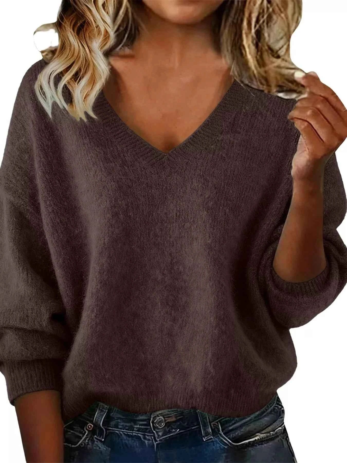 Sarah Express Women's V-Neck Dropped Shoulder Sweater - Plus Size Brown