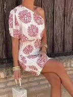 Sarah Express One Shoulder Printed Dress Red Asymmetric A-Line Party Dress